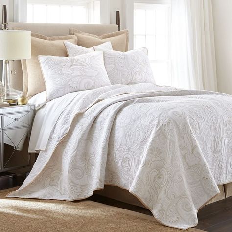 Levtex home - Perla Quilt Set - King Quilt + Two King Pillow Shams - Paisley - White - Quilt Size (106x92in.) and Pillow Sham Size (36x20in.) - Cotton Fabric Bedroom Addition, Paisley Quilt, King Quilt Sets, Cotton Quilt Set, Embroidered Quilts, Paisley Scarves, King Pillows, Twin Quilt, White Quilt