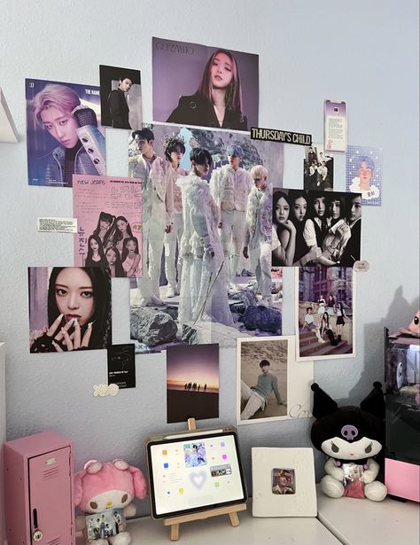 Kpop Wall Room Ideas, Poster Layout Design On Wall, K Pop Rooms Ideas, Kpop Style Bedroom, Kpop Photo Collage Wall, Kpop Posters Room Decor, K Pop Wall Collage, K Pop Room Inspiration, Room With Kpop Posters