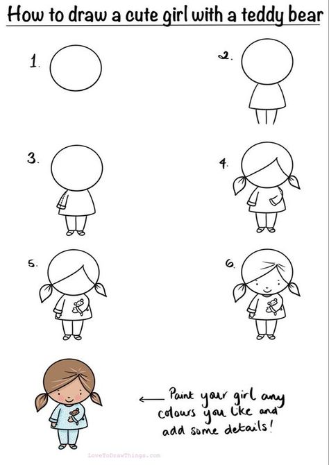 How To Draw A Cute Girl With A Teddy Bear In 6 Steps  EE0 Drawings step by step for kids #drawingsstepbystepforkids Drawing ideas #drawingideas Drawing ideas for kids #drawingideasforkids 5.14 Human Drawing Easy, How To Draw Characters Step By Step, Easy Human Drawings, Simple People Drawings, Easy Teddy Bear Drawing, Easy Pokemon Drawings, Cute Pictures To Draw, Step By Step Sketches, Teddy Bear Drawing