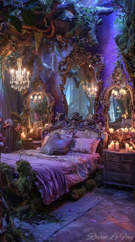 Faerie Bedroom, Celestial Bedroom Aesthetic, Romantic Purple Bedroom, Wheelchair House, Witchy Bedroom, Fantasy Bedroom, Dream Bedroom Inspiration, Fantasy Rooms, Dark Home Decor