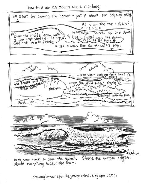 How to Draw Worksheets for The Young Artist: Printable How To Draw Ocean Waves Worksheet How To Draw Ocean, Draw Ocean, Ocean Drawing, Wave Drawing, Art Du Croquis, Art Worksheets, Basic Drawing, Landscape Drawings, Art Instructions