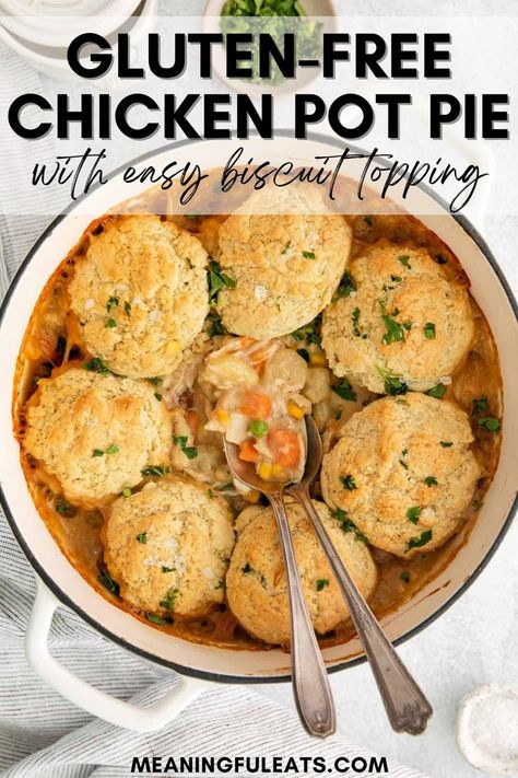 A white ceramic pot holding chicken pot pie with shredded chicken, peas, carrots, creamy sauce, and a fluffy biscuit topping. Gluten Free Pot Pie, Gluten Free Chicken Pot Pie, Biscuit Chicken Pot Pie, Meaningful Eats, Chicken Pot Pie Filling, Pot Pie Filling, Chicken Pot Pie Recipe, Pot Pie Soup, Gluten Free Biscuits