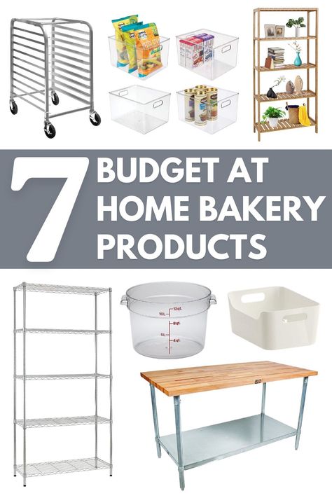 If you're starting an at home bakery business then check out this supply list to get your business open fast! This list has the tools and products to help organize and design your kitchen workspace, plan how to stock your supplies, and give you ideas for how you can layout your own kitchen. Get tips from an experienced cottage bakery who has found a way to make money while being at home. Visit AlchemyBread.com for design inspiration, how to DIY opening your own business, even lessons on baking! Home Bakery Decor, How To Start At Home Baking Business, Home Baking Studio Design, Bakery At Home Kitchens, Kitchen Bakery Ideas, What Do You Need To Open A Bakery, Home Bakery Workspace, Small Bakery Kitchen Ideas, Garage Bakery Ideas