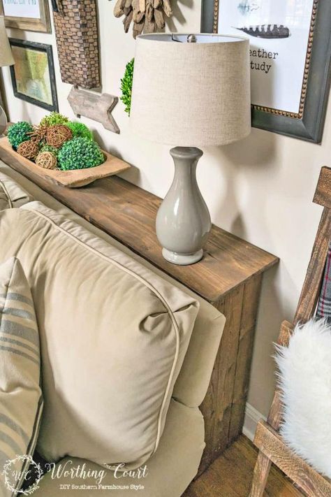 25 DIY Sofa Table Plans to Build your own Behind Couch Table Build A Farmhouse, Farmhouse Sofa Table, Rustic Sofa Tables, Sofa Table Design, Sofa Table Decor, Table Behind Couch, Farmhouse Sofa, Built In Sofa, Diy Console Table