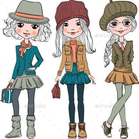 Set of Fashion Hipster Girls #VintageDestination Hipster Drawing, Hipster Girl, Hipster Women, Hat Vector, Cartoon Fashion, Three Girls, 3 Sisters, Hipster Girls, Paris Mode