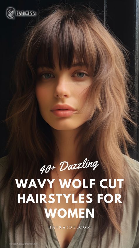 Wavy Wolf Cut With Bangs Wolf Haircut Medium Length Wavy, Wolf Shaggy Haircut, Wolf Mullet Haircut Long, Bangs And Shaggy Hair, Shaggy Bangs Wavy Hair, 2024 Shag Hairstyles, How To Style Shaggy Bangs, Long Wavy Shag With Bangs, Thick Bangs Hairstyle