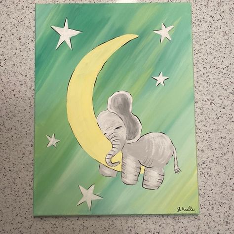 My original acrylic painting on 12”x16” unframed canvas. “Sleeping Elephant” Sleeping Elephant, Moon Home Decor, Elephant Painting Canvas, Baby Room Paintings, Nursery Elephant, Animal Paintings Acrylic, Painting Nursery, Animal Elephant, Kids Room Paint