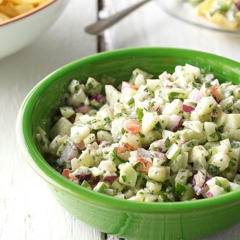 Here's a fantastic way to use cucumbers. You'll love the creamy and crunchy texture and super fresh flavors. —Charlene Skjerven, Hoolpe, North Dakota Cucumber Salsa Recipe, Cucumber Salsa, No Cook Appetizers, Cucumber Recipes, Garden Recipes, Salsa Recipe, Appetizer Dips, Summer Salads, Appetizer Snacks