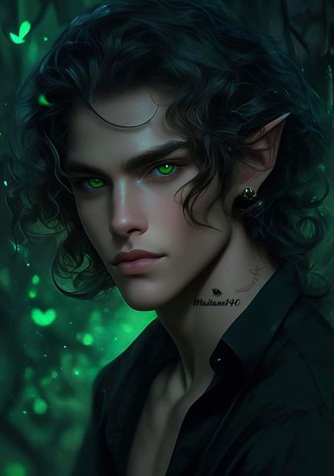 Male Pixie Fantasy Art, Green Hair Male, Unseelie King, Fae Male, Fae Prince, Emerald Green Hair, Fae Aesthetic, Dark Green Hair, Male Elf