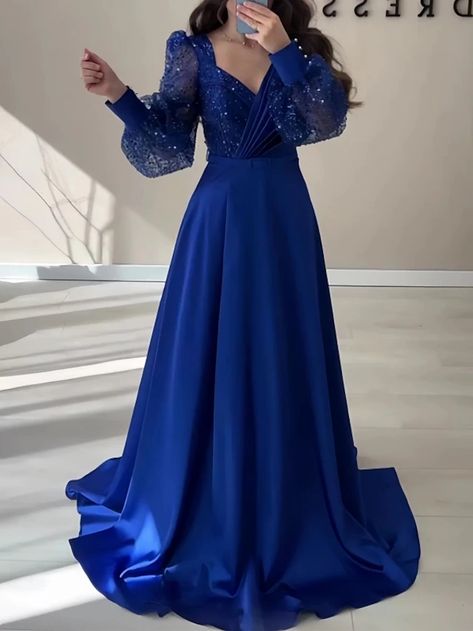 A-Line Evening Gown Sparkle & Shine Black Dress Formal Fall Sweep / Brush Train Long Sleeve V Neck Satin with Glitter Pleats Strappy 2023 2023 - US $138.99 Straight Wedding Dresses, Easy Dress, Fancy Dresses Long, Dresses Formal Elegant, Black Dress Formal, Evening Gowns Elegant, فستان سهرة, Royal Blue Dresses, Wholesale Dress