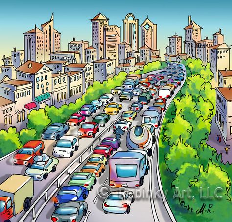 traffic jam Traffic Graphic Design, Traffic Jam Drawing, Traffic Jam Illustration, Traffic Drawing, Traffic Painting, City Maps Illustration, Map Illustrations, Picture Comprehension, City Traffic