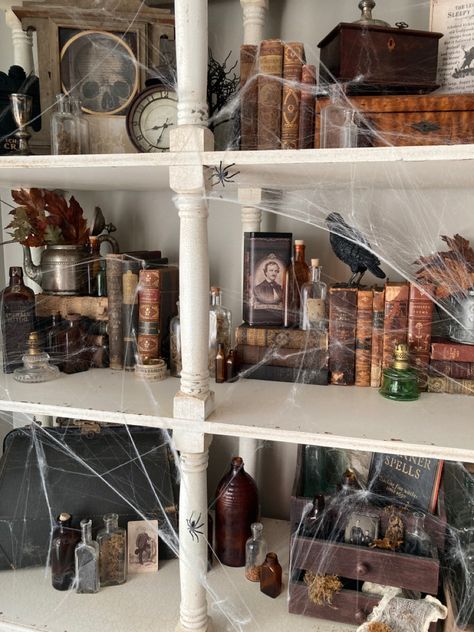 Steampunk Halloween Party, Halloween Apothecary Display Diy, Witch Lair Decorations, Edgar Allen Poe Aesthetic Decor, Victorian Apothecary Aesthetic, Edgar Allen Poe Halloween Decor, Halloween Apothecary Display, Apothecary Halloween Decor, Vampire Manor