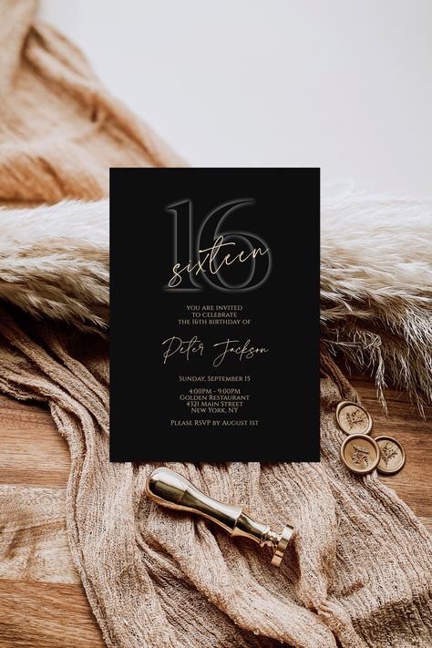 Boy 16th Birthday, Surprise Birthday Invitations, 16th Birthday Invitations, Black Invitation, Birthday Invitation Template, Invitation Card Design, Elegant Invitations, Birthday Surprise, 16th Birthday