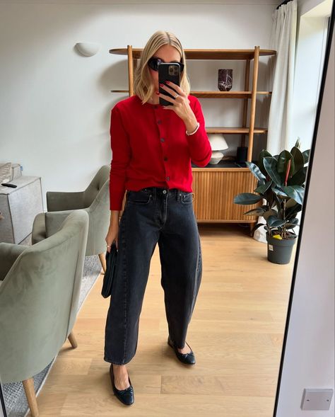 Lydia Tomlinson | Transitional outfit inspo from past to present 🍂 | Instagram Lydia Tomlinson Outfits, Cardigan Work Outfit, Red Flats Outfit, Lydia Tomlinson, Parisian Outfit, Flats Outfit, Red Flats, Transition Outfits, Red Cardigan