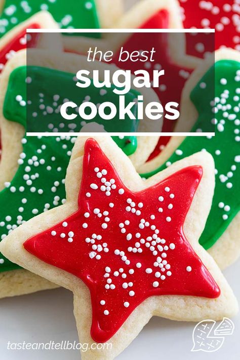 This is the best sugar cookie recipe - the one I’ve been making for years and years! It also has the perfect sugar cookie icing that makes the cookies perfect for stacking. #cookies #sugarcookies #baking #dessert Sugar Cookie Recipe With Sour Cream, Best Sugar Cookie Recipe Cutout, Xmas Sugar Cookies, Iced Sugar Cookie Recipe, Sugar Cookies Christmas, The Best Sugar Cookies, The Best Sugar Cookie Recipe, Mediterranean Desserts, Best Sugar Cookie