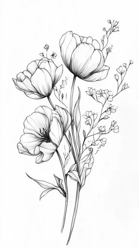 ↑↑↑ Larger size on website 🔸 A black and white line drawing of a delicate bouquet of flowers. The flowers are drawn with intricat Flower Line Art Drawings, Botanical Drawings Black And White, Line Work Flowers, Drawn Flower Bouquet, Botanical Art Drawing, Floral Line Drawing, Delicate Bouquet, Botanical Line Drawing, Flower Art Drawing