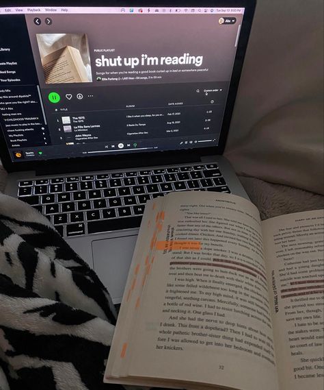 ‘shut up i’m reading’ spotify playlist on laptop with an annotated book cozy in bed with zebra blanket Album Spotify Covers, Bed Spotify Playlist Cover, Spotify Covers Studying, Spotify Playlist Covers Book, Books And Spotify Aesthetic, Book And Spotify Aesthetic, Spotify Reading Playlist Cover, Cozy Spotify Playlist Cover, Reading Spotify Playlist Cover