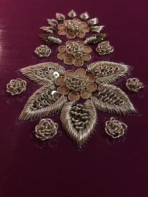 Embroidery of Gold- Zardozi Embroidery Zardozi Flower Embroidery, Zardozi Embroidery Designs Motif, Zardozi Work Design Gold Embroidery, Handwork Embroidery Design Suits, Hand Work Embroidery Suits, Zardosi Embroidery, Gold Work Embroidery, Hand Work Design, Embroidery Fashion Detail