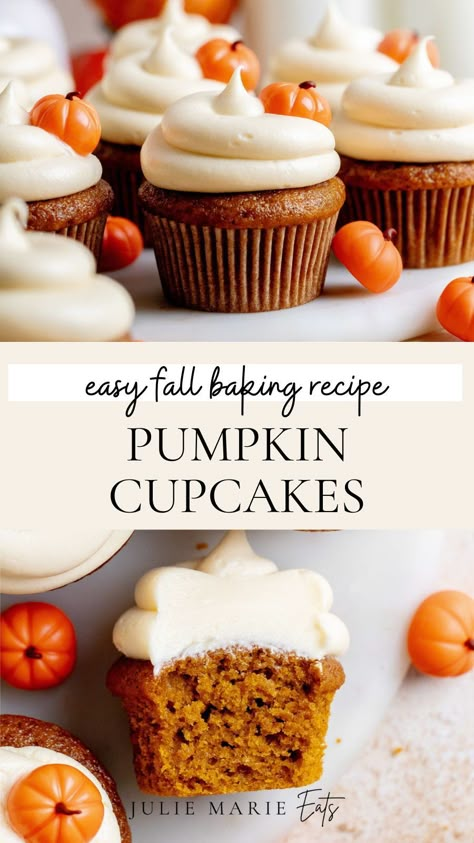 If you are searching for new dessert recipes to try this fall, look no further. Julie Marie Eats is sharing an easy homemade pumpkin cupcakes recipe. They have the softest pumpkin cupcake with the most tender crumb, that is topped with a smooth brown sugar cream cheese frosting. This recipe is perfect for any pumpkin lover. Follow for more cupcakes recipes and fall desserts. Thanksgiving Recipes Dessert Cupcakes, Thanksgiving Pumpkin Cupcakes, Homemade Pumpkin Cupcakes, Pumpkin Cupcakes Cream Cheese Frosting, Pumpkin Spice Cheesecake Cupcakes, Apple Pumpkin Cupcakes, Pumpkin Ginger Cupcakes, Moist Pumpkin Spice Cupcakes, Banana Pumpkin Cupcakes