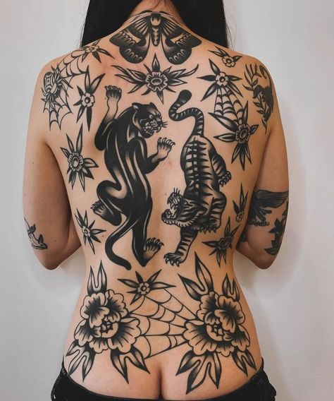 American Tradition Back Tattoo, Large Traditional Back Tattoo, Matching Tattoos Old School, Traditional Sleeves For Women, Old School Hip Tattoo, Inner Forearm Tattoo Traditional, American Traditional Lower Stomach Tattoo, Old School Tattoo Thigh, Back Piece Women Tattoo