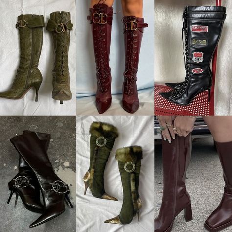 dream wardrobe: boots edition 😮‍💨 • #depop #y2k #fashion #clothing #2000s #vintage #trending #pintrest #inspo #outfitinspo #styling Y2k Boots Outfit, 2000s Boots, 2000s Shoes, Y2k Boots, Y2k Shoes, Depop Y2k, Denim Boots, 2000s Vintage, Pointed Heels