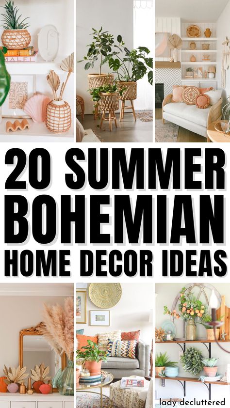 20 Summer Bohemian Home Decor Ideas Decor With Natural Elements, Hawaiian Boho Decor, Boho Beach Cottage Style, Spring Summer Home Decor Ideas, Boho Flower Decor Home, Bright Boho Interior Design, Beachy Moroccan Decor, Tropical Bohemian Decor, Bright Boho Decor