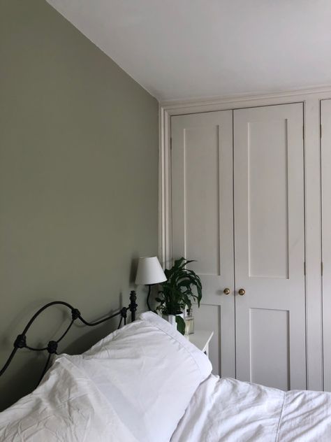 Green Bedroom Dulux Paint, Dulux Paint Bedroom Wall Colors, Wardrobe Painted Same Colour As Wall, Overtly Olive Dulux Paint Bedroom, Sage Green Bedroom Wardrobe, Dulux Green Bedroom, Dulux Overtly Olive Living Rooms, Dulux Olive Green Paint, Dulux Overtly Olive Bedroom