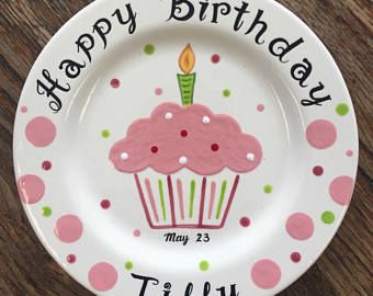 Birthday Plate Ideas, Magnolia Jane, Personalized Birthday Plate, Custom Pottery, Birthday Plates, Cupcake Plate, Painted Ceramic Plates, Diy Pottery Painting, Plate Ideas