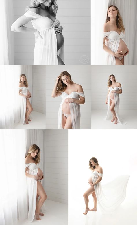 Maternity Pictures White Backdrop, Maternity Photoshoot Poses Indoor, Studio Maternity Shoot Plus Size, Maternity Shoot Ideas Indoor Studio, Maternity Budiour, All White Studio Photography, Indoor Studio Maternity Photos, Maternity Budiour Shoot, In Studio Maternity Session Couple