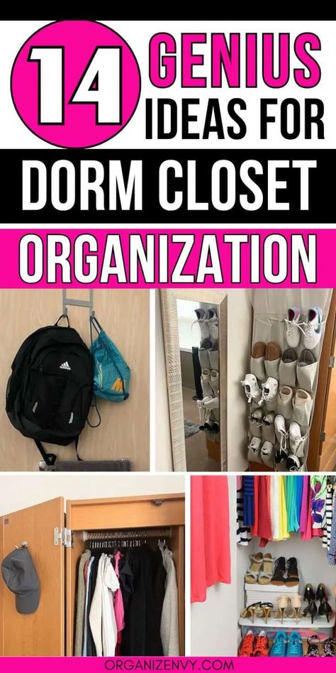 Store MORE in your tiny dorm closet with these brilliant organizing ideas! Dorm closet storage | Dorm closet organizer | Shoe storage small spaces | Small closet storage | Dorm room organization Small Dorm Storage Ideas, Dorm Closet Storage, Dorm Shoe Storage, College Dorm Closet, College Dorm Storage, Dorm Closet Organization, Dorm Room Closet, Shoe Storage Small, Closet Organization Hacks