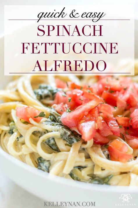 Spinach Fettuccine Alfredo Recipe: An Easy & Under 30 Weeknight Meal Veggie Fettucini Pasta, Fettuccine Alfredo With Spinach, Christmas Fettucine Alfredo, Chicken Spinach Fettuccine Alfredo, Spinach Fettuccine Recipes, Fettucine Recipes, Alfredo Pasta With Spinach, Chicken Alfredo With Spinach, Spinach Fettuccine Alfredo