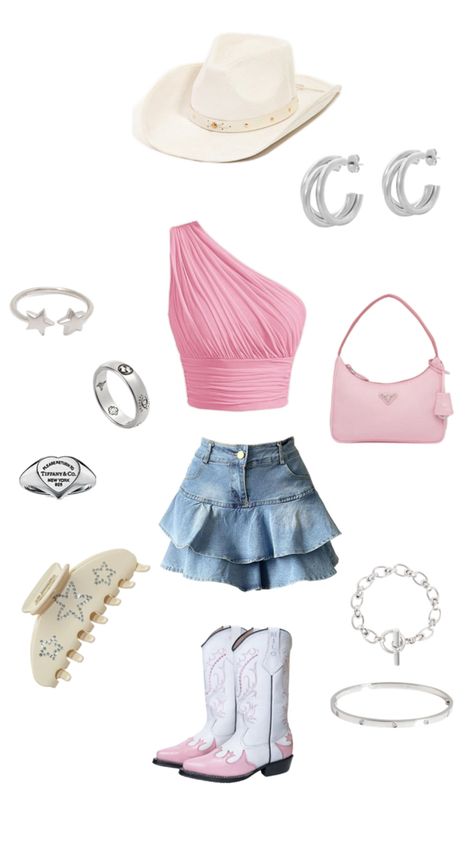 Pretty pink top and a denim skirt with cowboy boots and silver jewellery Pink Cowgirl Aesthetic, Cowgirl Outfit, Cowgirl Rodeo, Cowgirl Aesthetic, Nashville Outfits, Rodeo Outfits, Pink Cowgirl, Cowgirl Outfits, Pink Outfits