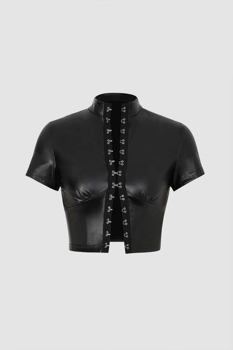 Leather Tops, Leather T Shirt, Hook And Eye, Leather Outfit, List Style, Back In Stock, Trending Tshirts, Rave Outfits, Sheer Fabrics