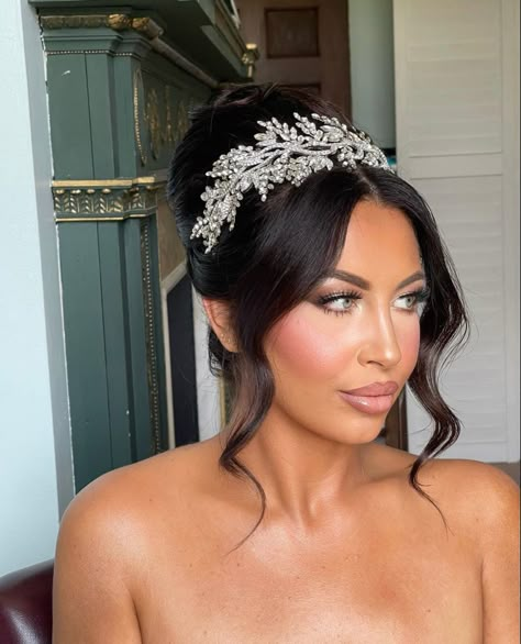 Diamond Headpiece Wedding, Updo Headband Wedding, Bride Updo With Headband, Wedding Hairstyles Updo With Headpiece, Bride Headpiece With Veil Hair Down, Bridal Bun And Veil, Bridal Updo With Headpiece And Veil, Bridal Hair Updo With Headpiece, Bridal Hair Pieces Updo