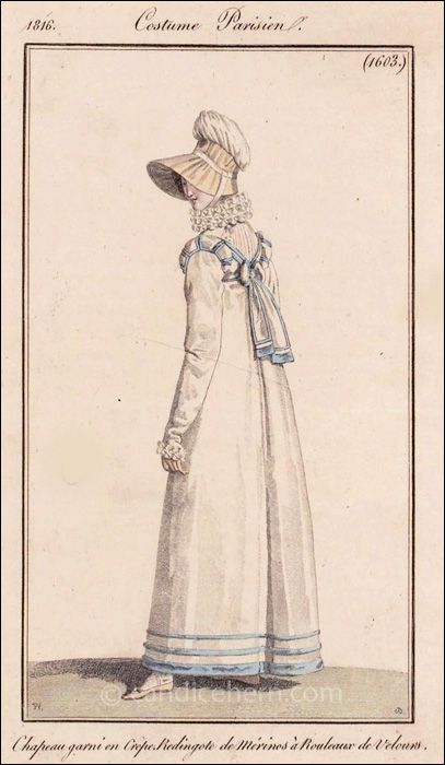 Regency Walking Dress, 1816 Dress, 1816 Fashion, 1810s Dress, Regency Hats, 1810s Fashion, 1820 Fashion, Paris November, Regency England