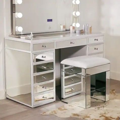 Mirrored Makeup Vanity, Small Powder Bathroom, Small Powder Bathroom Ideas, Powder Bathroom Ideas, Unique Dresser, Mirrored Dresser, Mirror Dresser, Room Vanity Ideas, Silver Vanity