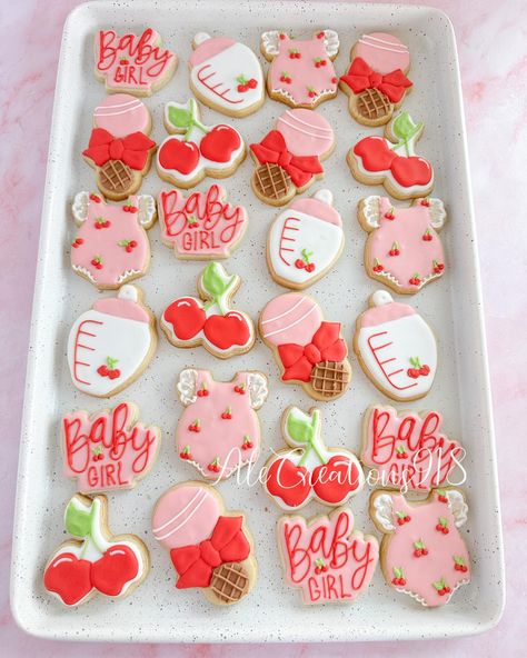 Cherries baby shower cookies 🍒🍼 Pricing? 👉🏻 https://msha.ke/alecreations918 • • • • #alecreations918 #tulsasmallbuisness #tulsaoklahoma #decoratedsugarcookies #customcookies #cookie #cookies #decoratedcookies #inspirationcookies #cookiesofinstagram #desserts #dessertideas #dessertideas #partyideas #party #sugarcookies #royalicing #royalicingcookies #cookies #cookiesideas #royalicingideas #cherriescookies #cherriescookery #cherriesbabyshower #cherriesbaby #cherriesparty #cherriesdessert #cherr... Cherry Baby Shower Ideas, Cherry Themed Baby Shower Ideas, Top Baby Shower Themes, Sweet Baby Shower Ideas, Girl Shower Themes, Cherry Cookies, Cherry Baby, Shower Cookies