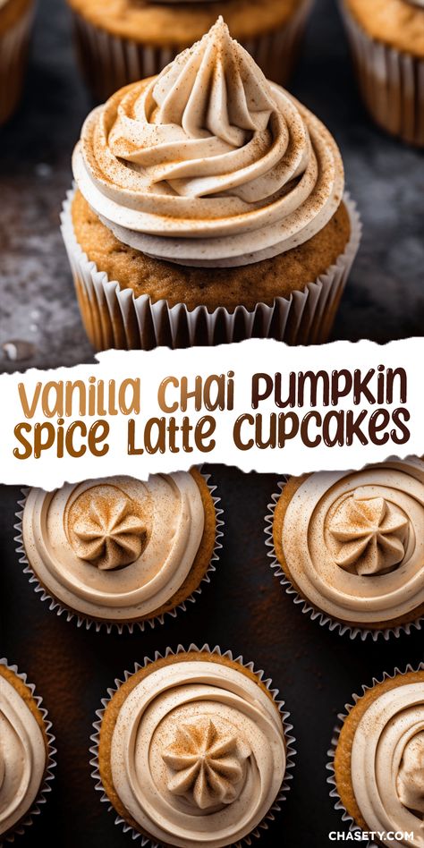 Vanilla Chai Pumpkin Latte Cupcakes - Chasety Vanilla Chai Pumpkin Cupcakes, Vanilla Chai Cupcakes Recipes, Fall Ideas Food, Vanilla Chai Dessert, Pumpkin Chai Latte Cupcakes With Espresso Cream Cheese Frosting, Vanilla Pumpkin Cupcakes, Apple Chai Cupcakes, Pumpkin Bakery Recipes, Fall Recipes Cupcakes