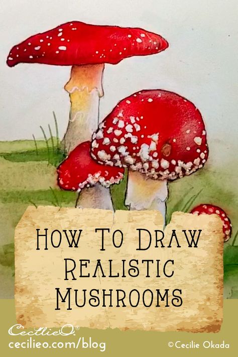 Mushroom How To Draw, Drawings Of Mushrooms Pencil, Watercolor Mushrooms Painting, Painting Mushrooms Ideas, Watercolor Mushroom Tutorial, Painted Mushrooms Ideas, How To Draw A Mushroom, Mushroom Drawing Tutorial, Toadstool Drawing