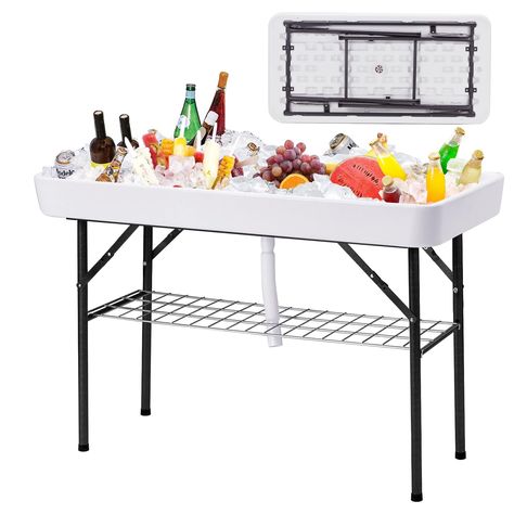 PRICES MAY VARY. 🍹【Portable Folding Design】This party ice table has a simple structure with folding design. Overall expanded size: 47.45"×23.5"×32.3". Take out the table, open each leg set and completely lock it in place, and you can use it without laborious assembly. Lightweight and space saving, it can be easily carried in the RV and trunk. 🧊【4ft Built-in Refrigeration Table】The chill table is designed with a 43.5"×20"×3.55" sink that can be filled with cubes. Chill and cool food, fruits and Diy Ice Table For Food, Ice Table, Cooler Table, Diy Picnic, Play Cafe, 25th Bday, Ice Bin, Drink Storage, Deck Table