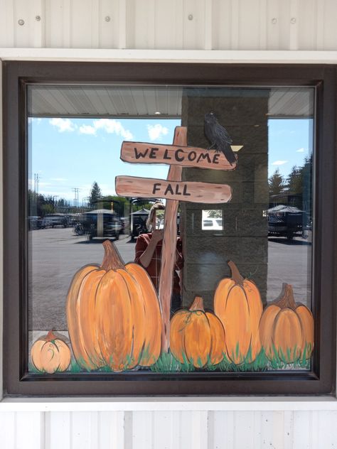 Fall Window Classroom Decor, Autumn Painted Windows, September Window Display Preschool, Easy Fall Window Painting, Bakery Window Art, Pumpkin Window Art, Autumn Window Painting Ideas, Fall Window Art Painting, Fall Window Painting Store Fronts