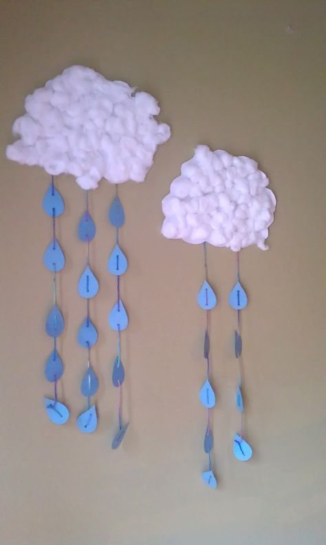 cotton ball clouds, paper raindrops - lacing practice.  Could use in conjunction with cloud-type lesson - have kids sketch and cut different types of clouds - some without raindrops, of course.  :) Weather Crafts, April Crafts, Preschool Projects, Rainy Day Crafts, Spring Preschool, Spring Projects, Aktivitas Montessori, Daycare Crafts, Classroom Crafts