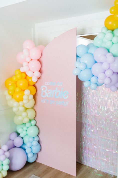 Kara's Party Ideas Rainbows & Barbie’s FOURever 4th Birthday Party | Kara's Party Ideas Quick Party Decorations, Rainbow Barbie Birthday Party, Rainbow Barbie, Barbie Pool, Barbie Font, Anna Birthday Party, Barbie Theme Party, 4th Birthday Party, Barbie Bridal