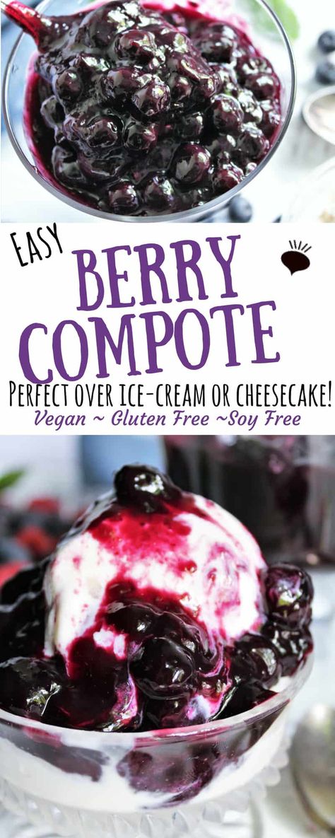 This easy berry compote recipe can be made with blueberries, strawberries, raspberries or any other fruit or berry that you want.  It is vegan and gluten free and makes the perfect topping for vegan cheesecake or ice-cream!  You can make it in about 5 minutes with ingredients that you probably already have in your house. thehiddenveggies.com Strawberry Blueberry Compote, Blueberry Compote For Cheesecake, Fruit Topping For Cheesecake, Berry Compote Recipe, Blueberry Compote Recipe, Berry Topping, Blueberry Pies, Fruit Sauces, Publix Recipes