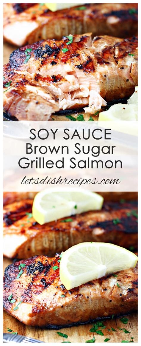 Soy Sauce and Brown Sugar Grilled Salmon Recipe: Salmon fillets are marinated in a sweet soy sauce mixture, then grilled to perfection in this easy, restaurant quality seafood dinner. #salmon #fish #grilling #seafood #recipe Grilled Salmon Recipe, Sweet Soy Sauce, Grilled Fish Recipes, Recipe Salmon, Fish Recipes Baked, Salmon Soy Sauce, Grilled Salmon Recipes, Garlic Butter Salmon, Butter Salmon