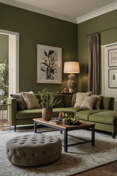 Get ready to be inspired by the timeless elegance of Ripe Olive (SW 6209) as we bring you the ultimate interior designer routine for 2024. #Ad #homedecor #homedesign #wallpaints2024 #Painthome #interiorarchitecture Wall Colors Green Living Room Colors Bright Living Room Colors Apartment Renovation Living room Remodeling Modern Paint Colors 2024 Sage Green And Gold Living Room Ideas, Paint Colors For Olive Green Couch, Olive Green Walls Living Room Decor, Olive Couch Living Room Decor, Curtains For Green Living Room, Green Living Room With Wallpaper, Olive Green House Interior, Olive Green Interior Paint, Green Statement Wall Living Rooms