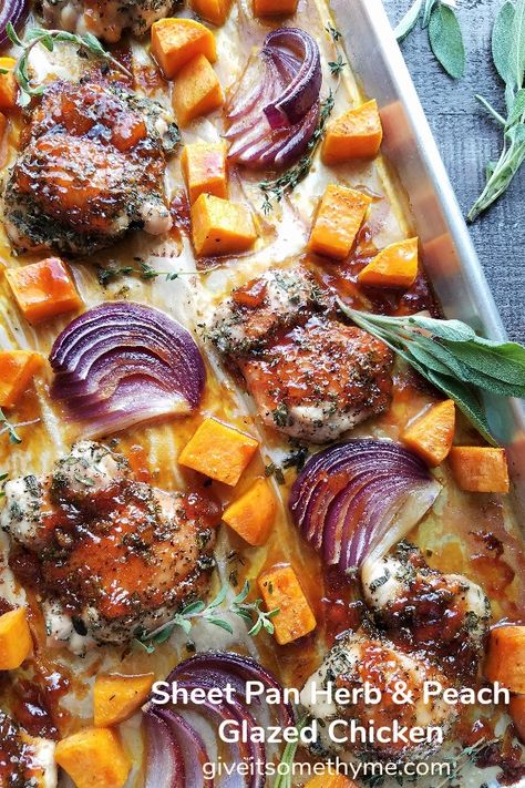 Sheet Pan Herb and Peach Glazed Chicken | Give it Some Thyme - such a delicious blend of fresh herbs and peach jam over tender chicken thighs and vegetables! #sheetpanrecipe #dinnerrecipe #healthyfallrecipes #quickandeasydinner #weeknightdinnerrecipe #sheetpandinner #sheetpanchicken #sheetpanchickendinner #sheetpanchickenandvegetables #sheetpanchickenhealthy #dinner #recipe #peachchicken #peachchickenrecipes Recipes With Peaches, Peach Recipes Dinner, Fresh Peach Recipes, Peach Chicken, Venison Burgers, Easy Sheet Pan Dinners, Fall Recipes Healthy, Peach Salad, Peach Jam