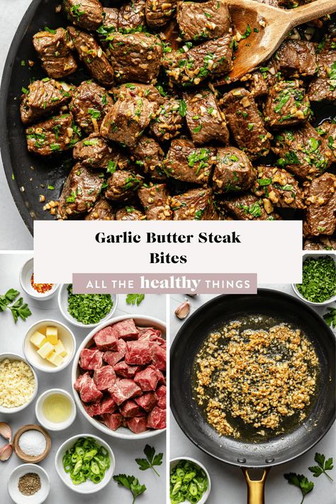 Garlic Butter Steak Bites! Tender steak seasoned with garlic, butter, and fresh herbs will be your new favorite weeknight dinner! This simple recipe only takes twenty minutes to make! Best Steak Recipe Stove Top, Baked Tenderloin, Steak Butter Recipe, Good Steak Recipes, Garlic Butter Steak Bites, Butter Steak Bites, Paleo Dinners, Beef Steak Recipes, Tenderloin Steak