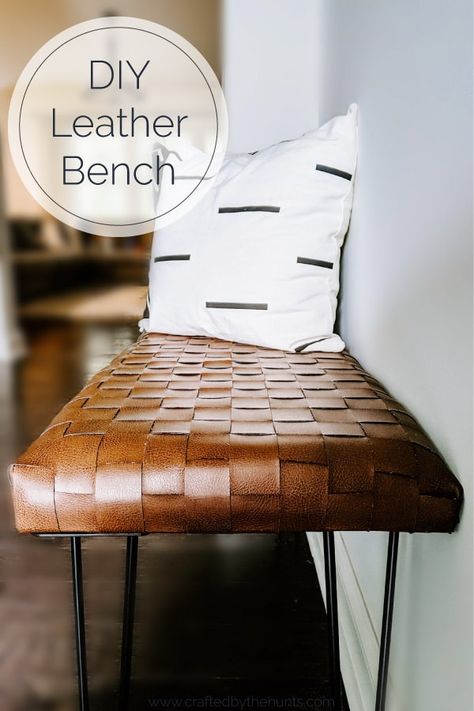 DIY Woven Leather Bench Tutorial - Crafted by the Hunts  ||  Looking for a modern woven leather entryway bench? Make a beautiful bench (that's comfortable) for under $75. It only takes a few hours to DIY! Leather Entryway Bench, Diy Leather Bench, Leather Bench Bedroom, Leather Bench Entryway, Woven Leather Chair, Ikea Storage Cubes, Crate Bench, Diy Entryway Bench, Upper East Side Apartment