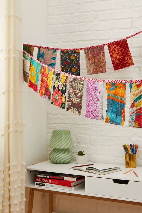 Hang boho textures up in your space with this wall banner. Features a Kantha flag design with multiple prints and colourways. Strung together by a colourful thread and finished with raw-cut seams. Indian Curtains, Recycled Decor, Flag Wall Decor, Clean Crafts, Boho Texture, Indian Interiors, Kantha Embroidery, Wall Flag, Wall Banner